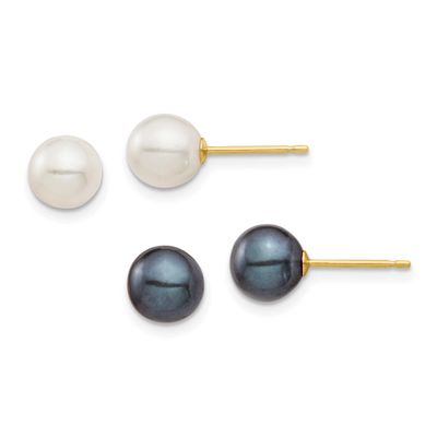 6-7mm Black and White Round Freshwater Pearl 2 Pair Stud Post Earrings Set 10k Gold, 10XF690ESET,