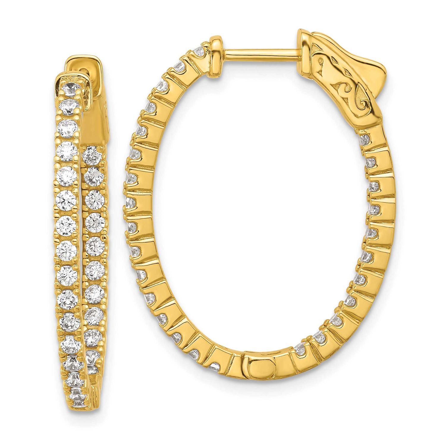 Gold-tone Flash Gold-plated 1.7mm CZ 54 Stone Oval In and Out Hinged Hoop Earrings Sterling Silver,