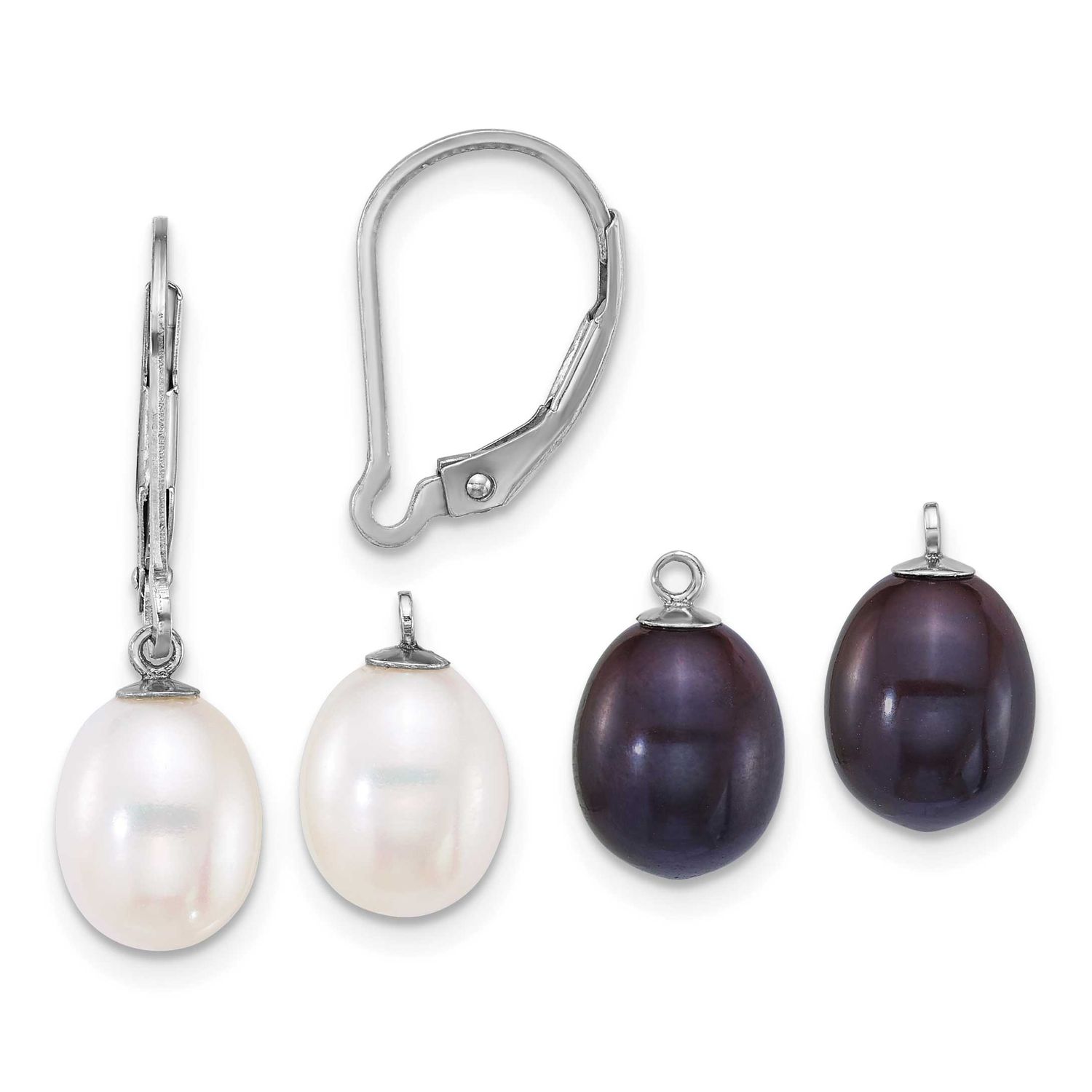 7-8mm Black and White Rice Freshwater Cultured Pearl Leverback Earrings with Enhancers Set Sterling