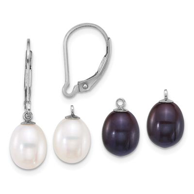 7-8mm Black and White Rice Freshwater Cultured Pearl Leverback Earrings with Enhancers Set Sterling