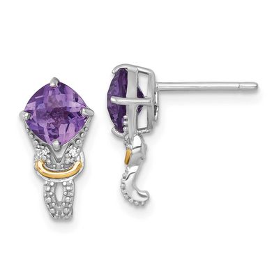 Shey Couture with 14k Accent Checker-cut Cushion Amethyst and .02ct. Diamond Post Earrings Sterling