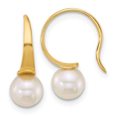 6-7mm White Round Freshwater Cultured Pearl Shepherd Hook Earrings 14k Gold, XF865E,
