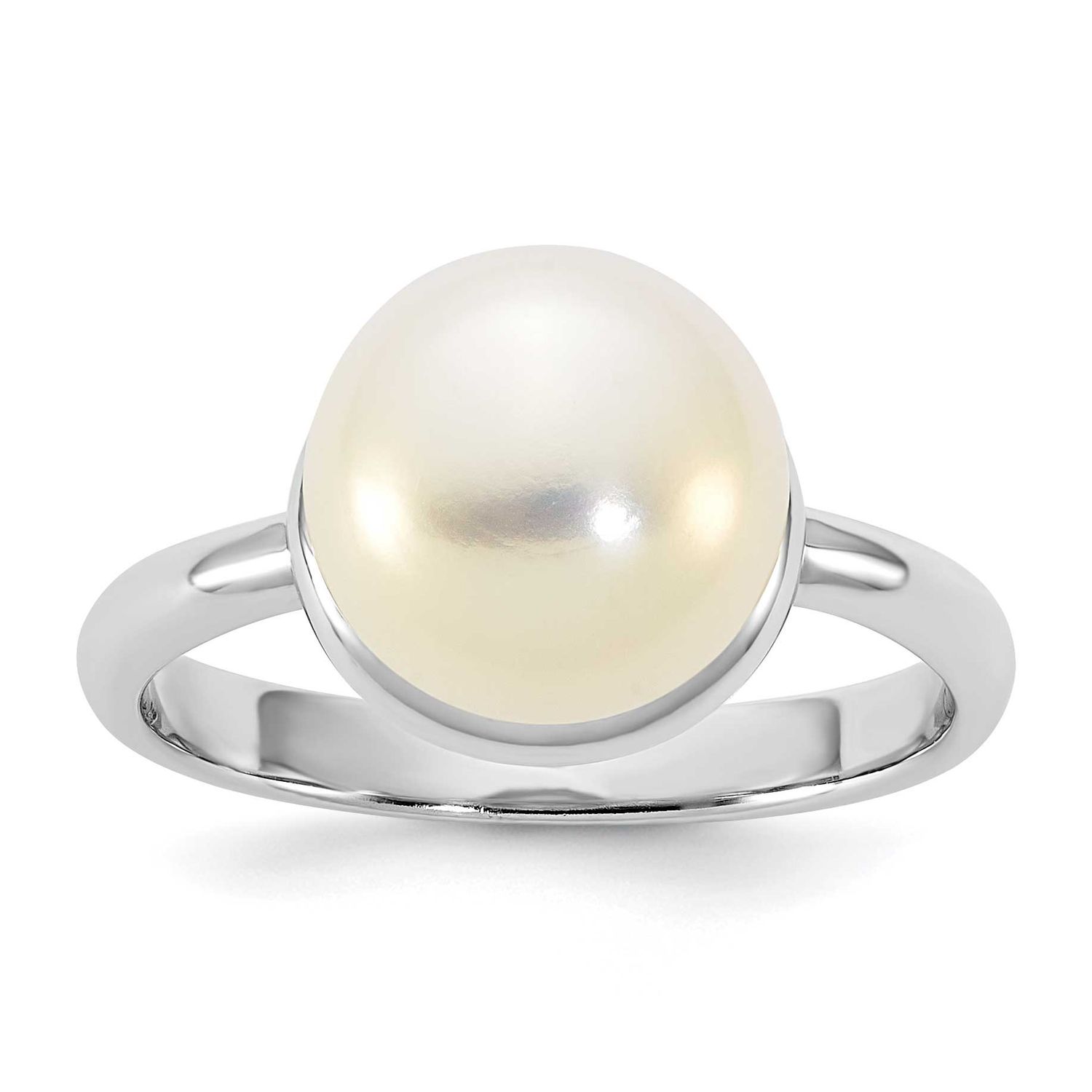 10-11mm White Button Freshwater Cultured Pearl Ring Sterling Silver Rhodium-plated, QR7752-7,