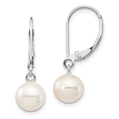7-8mm White Round Freshwater Cultured Pearl Dangle Leverback Earrings 14k White Gold, XFW725E,