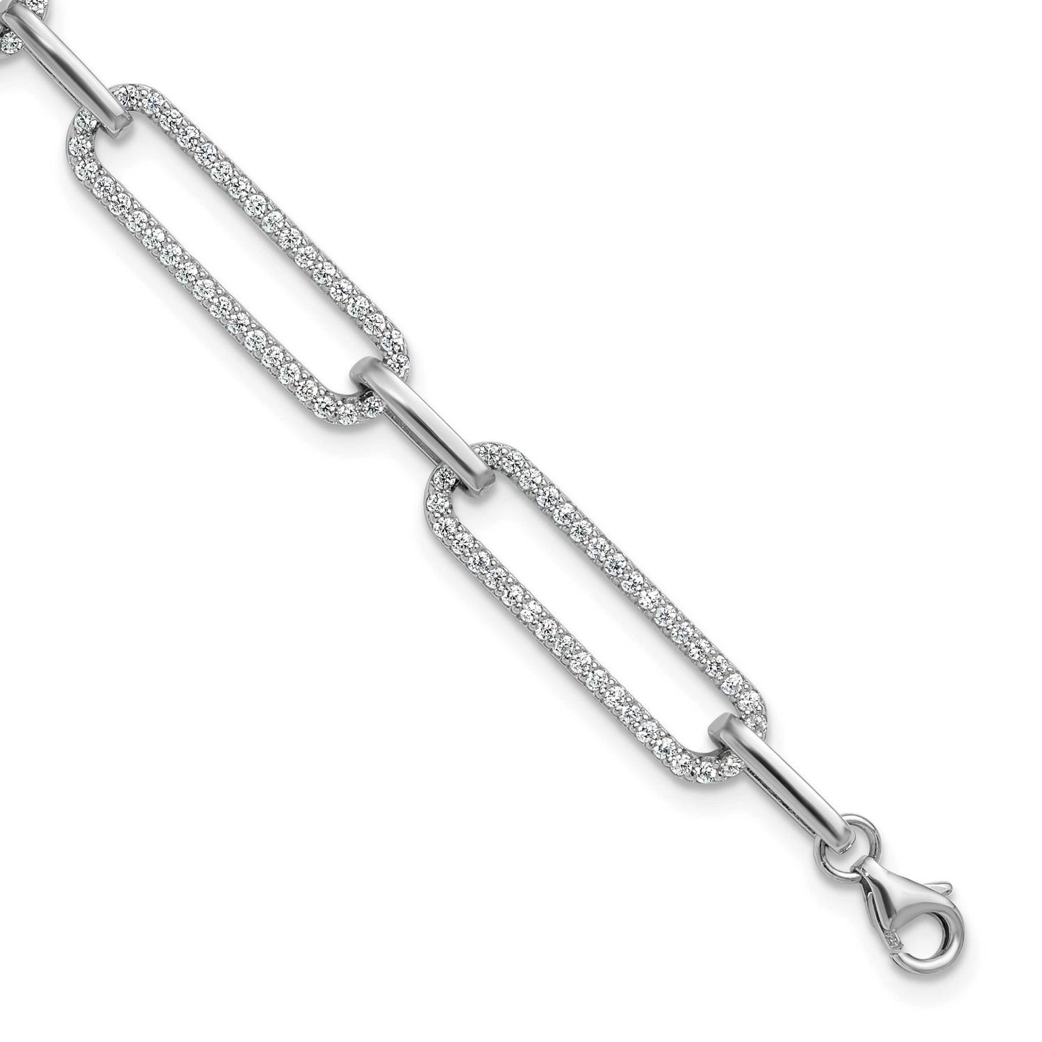 1.2mm CZ 190 Stone Paper Clip Link 6.5 inch with 1 inch Extension Bracelet Sterling Silver Rhodium-