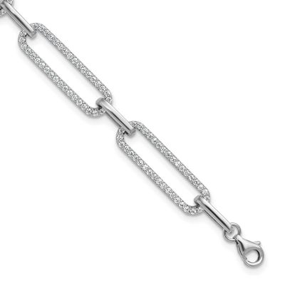 1.2mm CZ 190 Stone Paper Clip Link 6.5 inch with 1 inch Extension Bracelet Sterling Silver Rhodium-