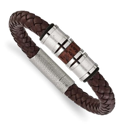 Textured Brown Metallic Color Leather with Black Rubber 8.25 inch Bracelet Stainless Steel Polished