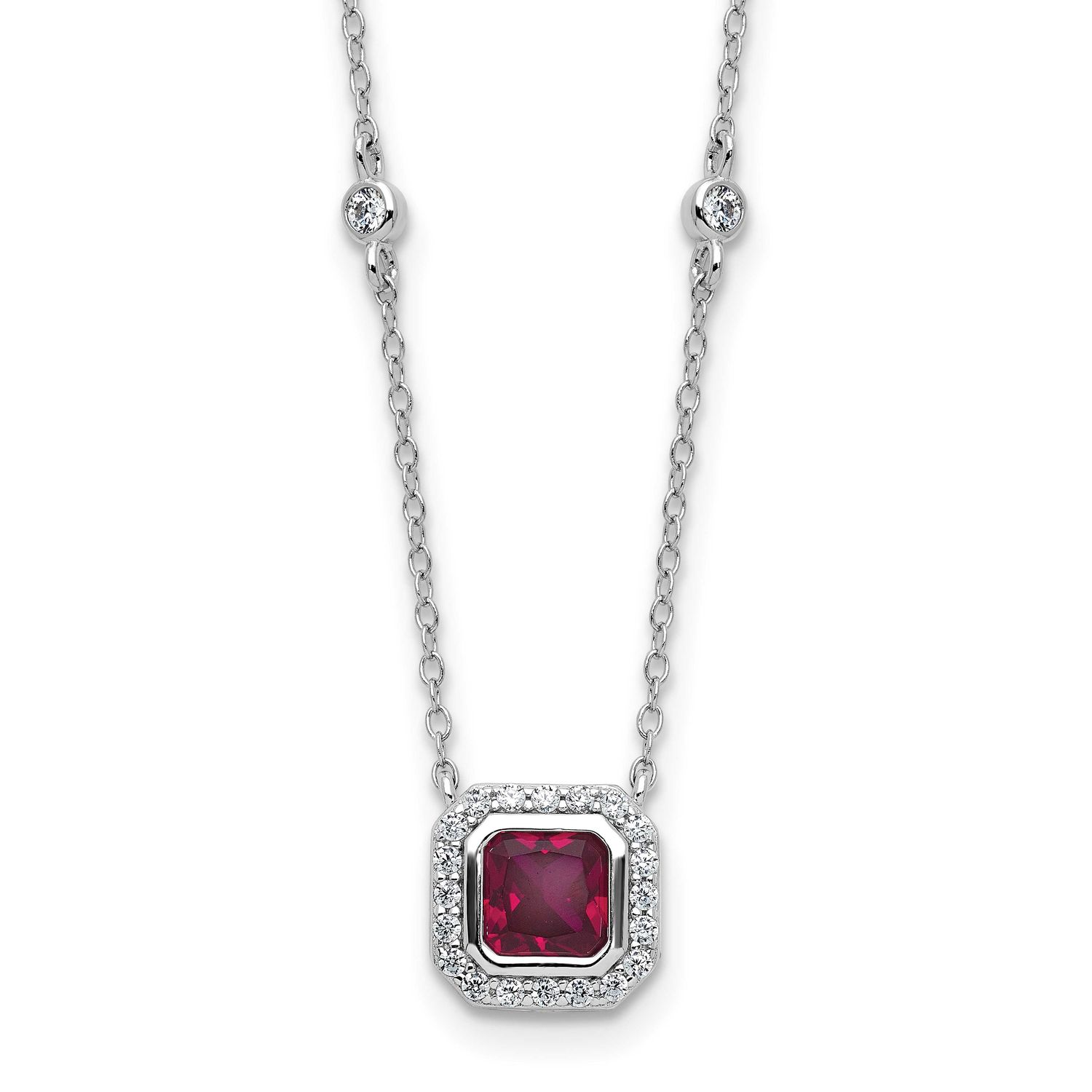 Cheryl M Polished Fancy Lab Created Ruby and CZ Station Necklace Sterling Silver Rhodium-plated, QC