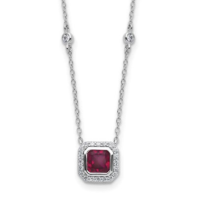 Cheryl M Polished Fancy Lab Created Ruby and CZ Station Necklace Sterling Silver Rhodium-plated, QC