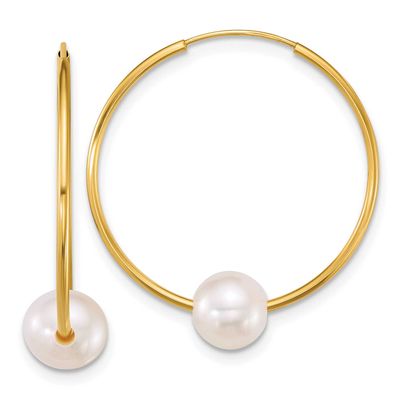 6-7mm Semi-Round Freshwater Cultured Pearl Hoop Earrings 10k Gold, 10XF928E,