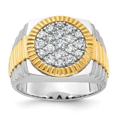 IBGoodman Men&#39;s Polished Satin and Ribbed 1 1/8 Carat A Quality Diamond Round Cluster Ring 14k Two-