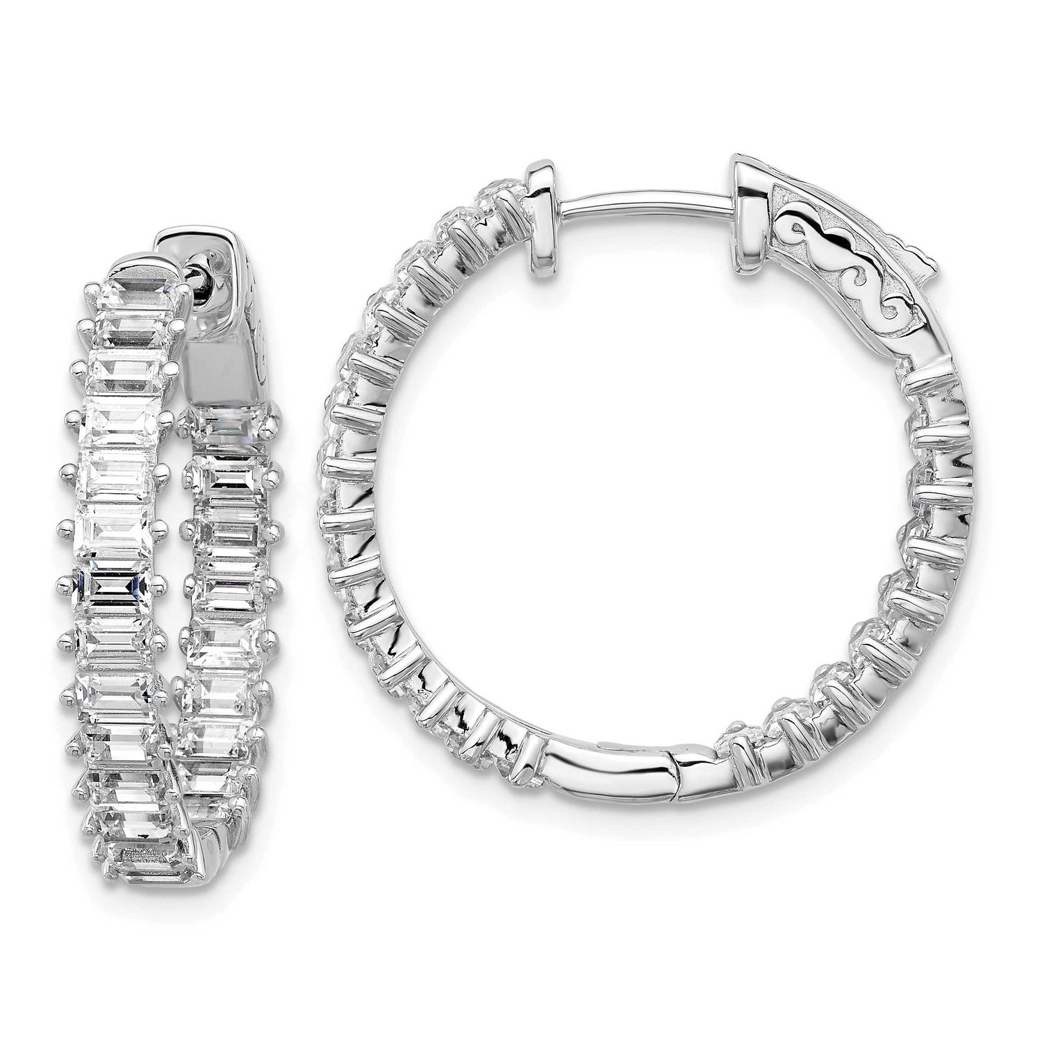 3mm x 2mm CZ 46 Stone In and Out Hinged Hoop Earrings Sterling Silver Rhodium-plated, QSH137, 19690