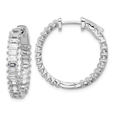 3mm x 2mm CZ 46 Stone In and Out Hinged Hoop Earrings Sterling Silver Rhodium-plated, QSH137, 19690