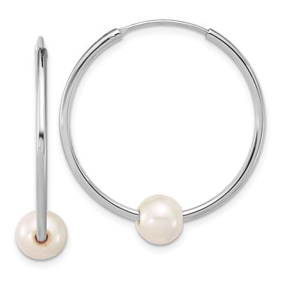 7-8mm White Semi-Round Freshwater Cultured Pearl Hoop Earrings Sterling Silver Rhodium-plated, QE18