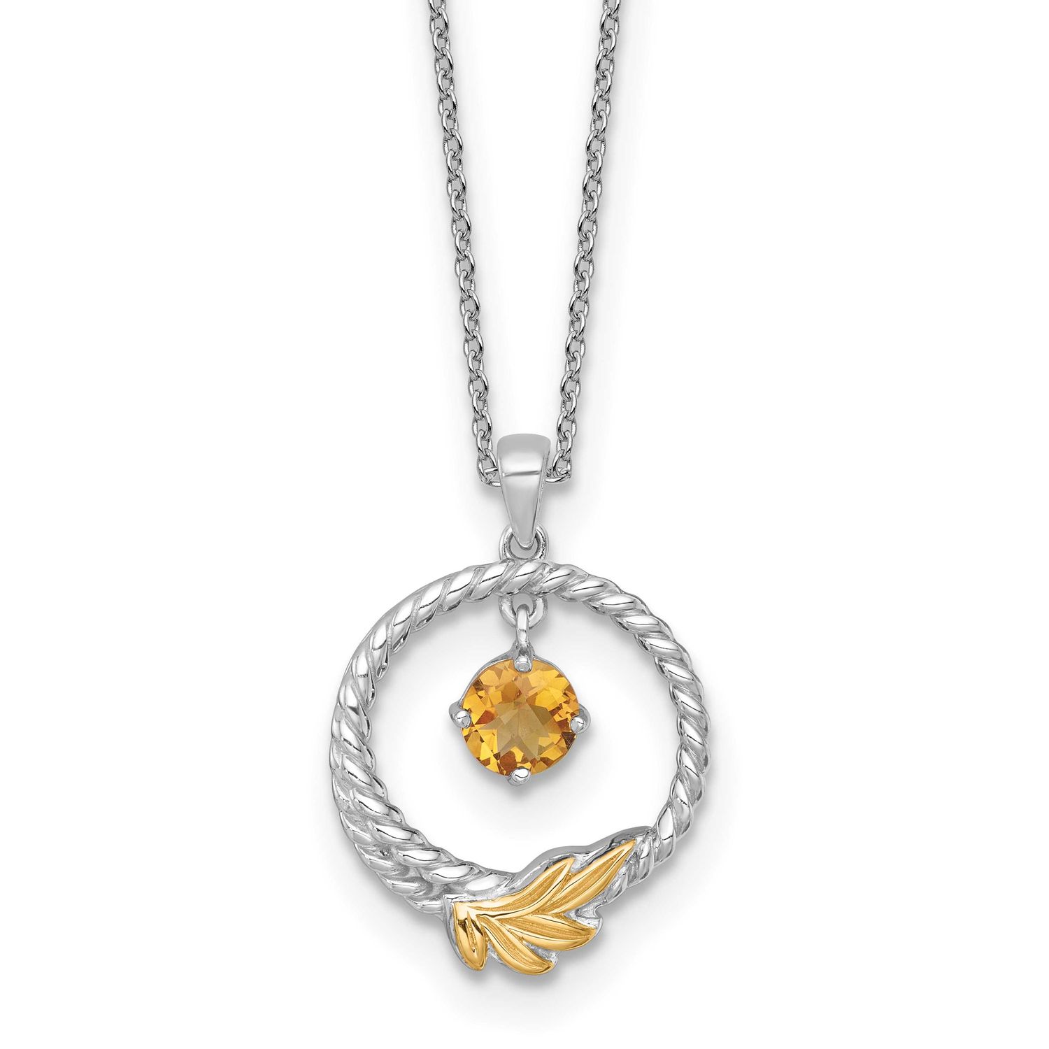 Shey Couture Twisted Circle with 14k Leaf Accent Round Citrine Dangle 18 inch with 2 inch Extension