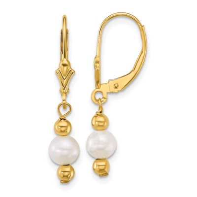 5-6mm White Round Freshwater Cultured Pearl Dangle Leverback Earrings 14k Gold, XF914E,