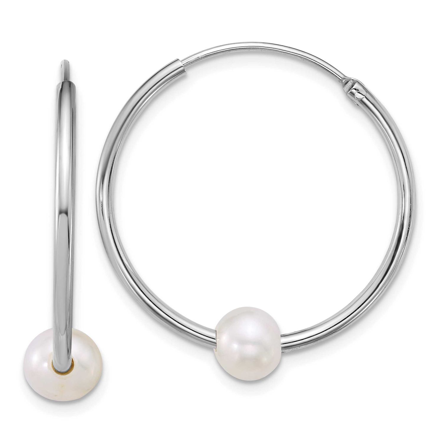 6-7mm White Semi-Round Freshwater Cultured Pearl Hoop Earrings Sterling Silver Rhodium-plated, QE18