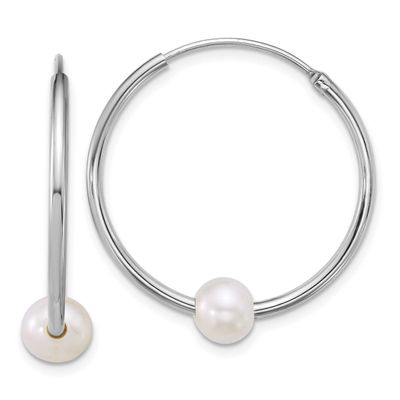 6-7mm White Semi-Round Freshwater Cultured Pearl Hoop Earrings Sterling Silver Rhodium-plated, QE18