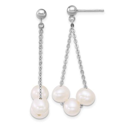 6-7mm White Semi-Round Freshwater Cultured 3-Pearl Post Dangle Earrings Sterling Silver Rhodium-pla