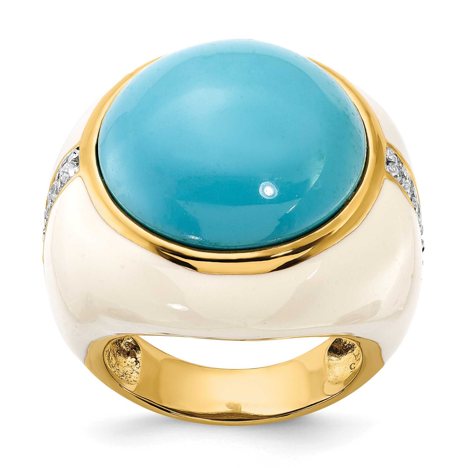 White Enamel Sim. Turquoise &amp; CZ Ring Sterling Silver Gold-plated, QCM541-6, 886774016733