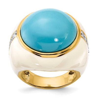 White Enamel Sim. Turquoise &amp; CZ Ring Sterling Silver Gold-plated, QCM541-6, 886774016733