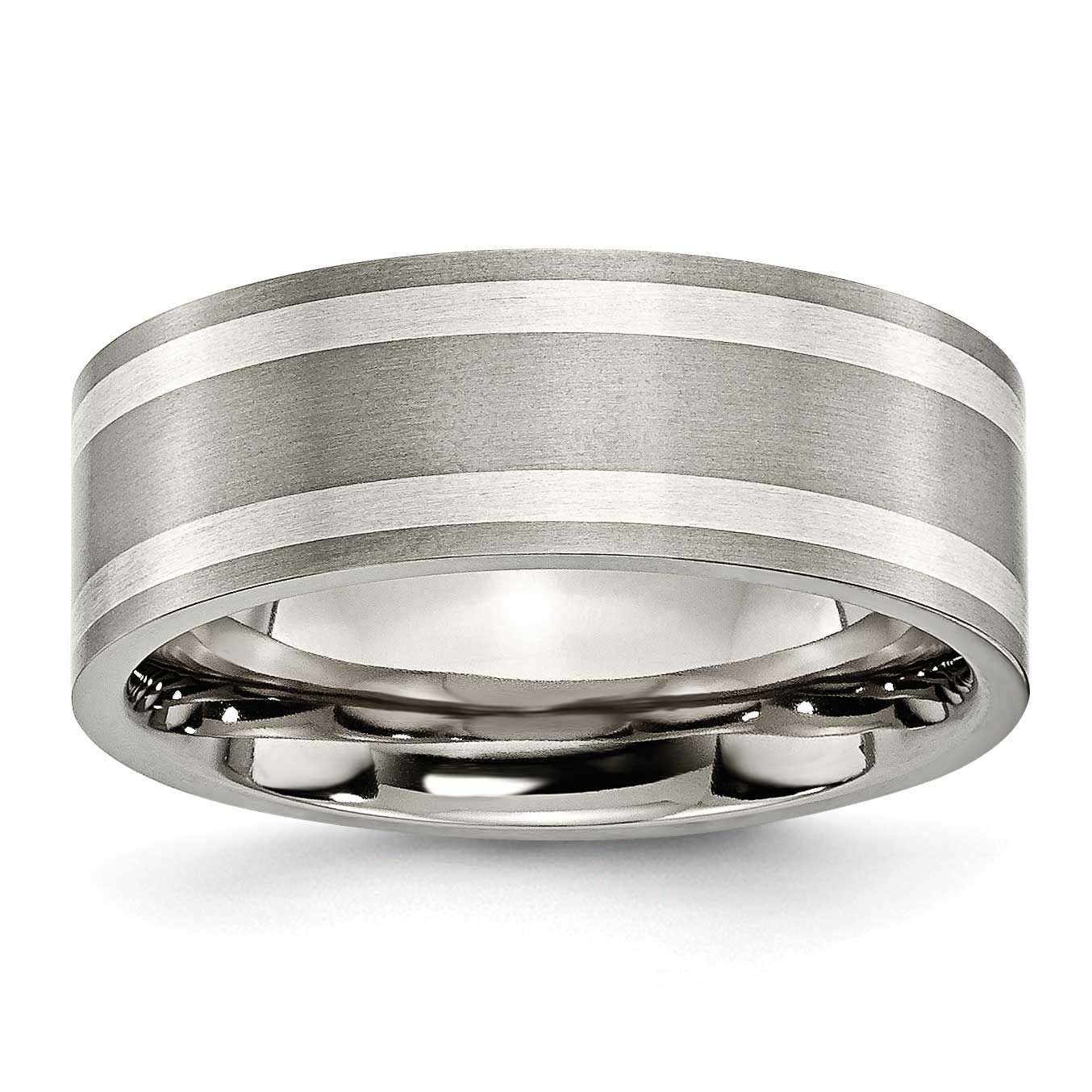 Double Sterling Silver Inlay 8mm Flat Band Titanium Brushed and Polished, TB214-8.5, 883957797571