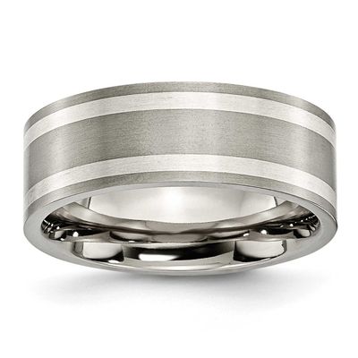 Double Sterling Silver Inlay 8mm Flat Band Titanium Brushed and Polished, TB214-8.5, 883957797571
