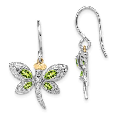 Sterling Silver/RH-plated Peridot/Diamond Dragonfly Earrings 14k Gold, QE17798,