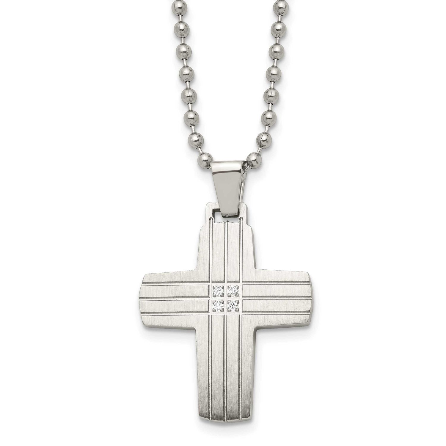 Polished with CZ Grooved Cross Pendant on a 22 inch Ball Chain Necklace Stainless Steel Brushed, SR
