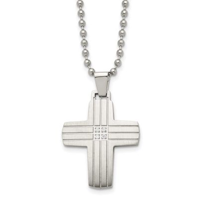 Polished with CZ Grooved Cross Pendant on a 22 inch Ball Chain Necklace Stainless Steel Brushed, SR