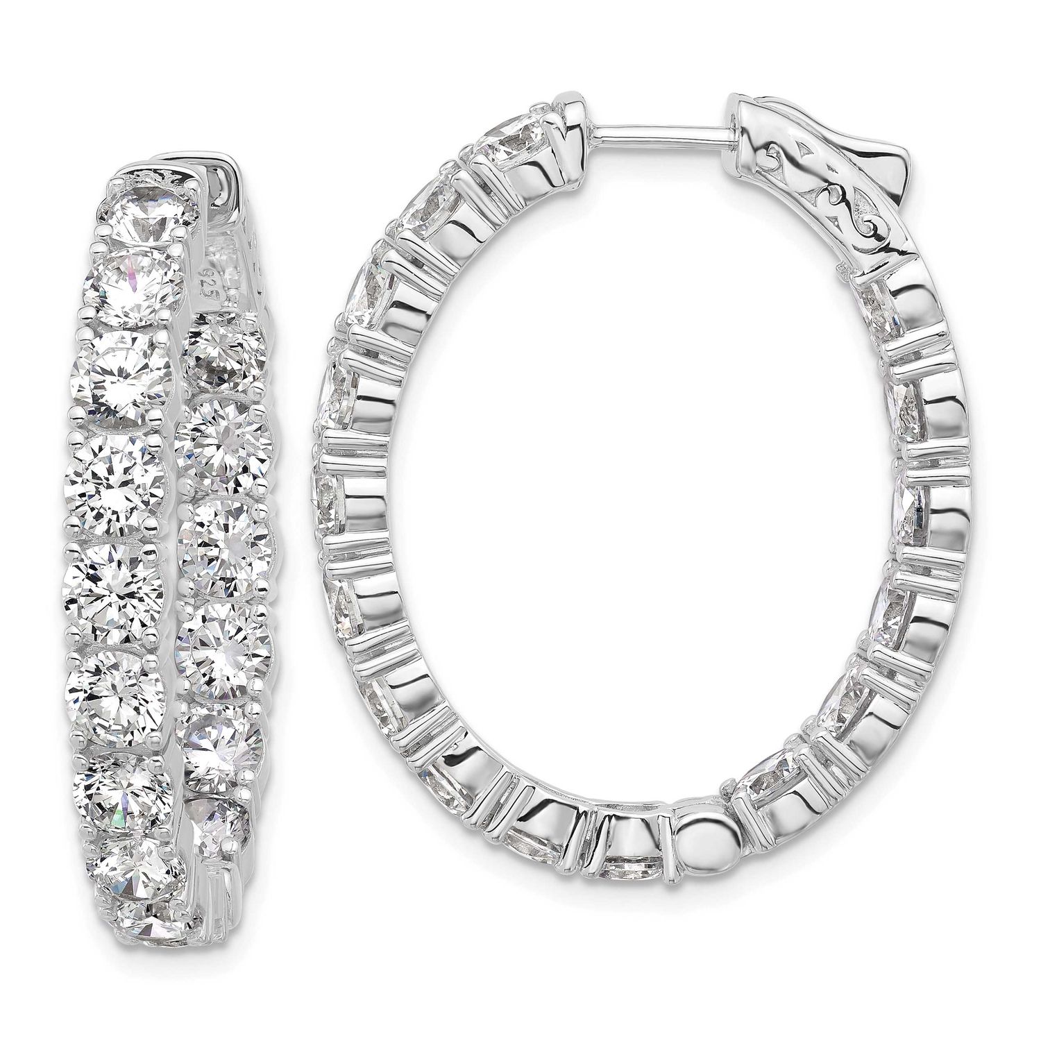 4.25mm CZ 32 Stone Oval In and Out Hinged Hoop Earrings Sterling Silver Rhodium-plated, QSH143, 196