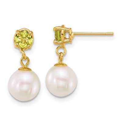 7-8mm White Round Freshwater Cultured Pearl and .50PE Peridot Post Dangle Earrings 14k Gold, XF878E