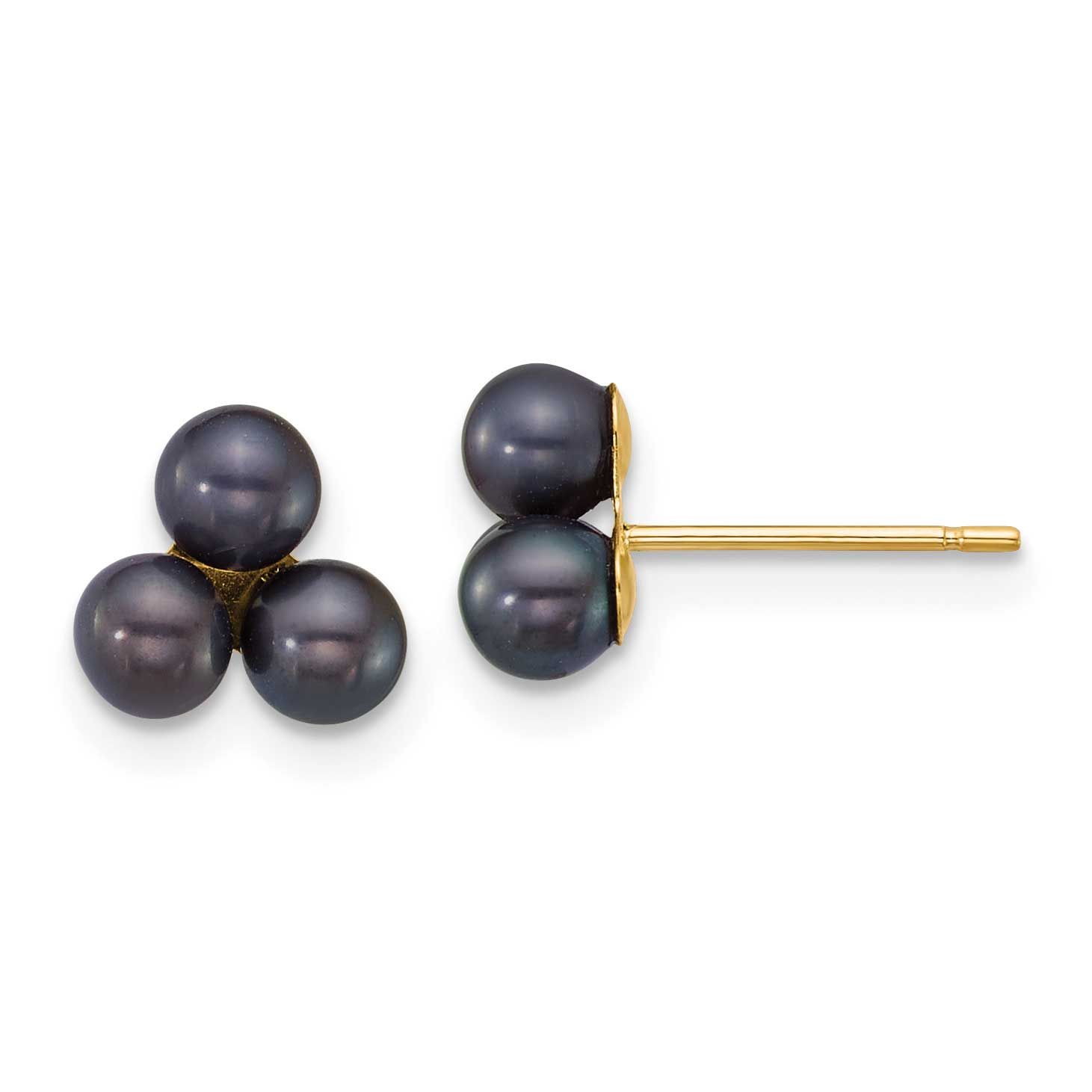 3-4mm Black Button Freshwater Cultured 3 Pearl Post Earrings 14k Gold, XF892EB,