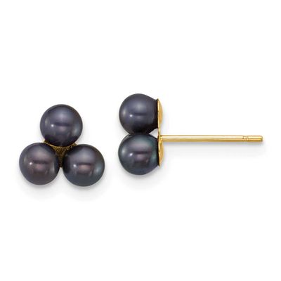 3-4mm Black Button Freshwater Cultured 3 Pearl Post Earrings 14k Gold, XF892EB,
