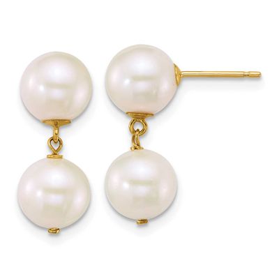 7-8mm White Round Freshwater Cultured 2 Pearl Dangle Hoop Earrings 14k Gold, XF907E,
