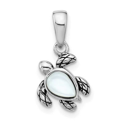Polished and Antiqued Mother of Pearl June Birthstone Turtle Pendant Sterling Silver Rhodium-plated