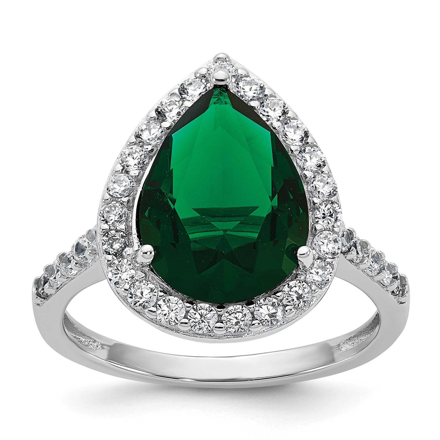 Cheryl M Polished Green Glass and CZ Teardrop Halo Ring Sterling Silver Rhodium-plated, QCM1943-5,