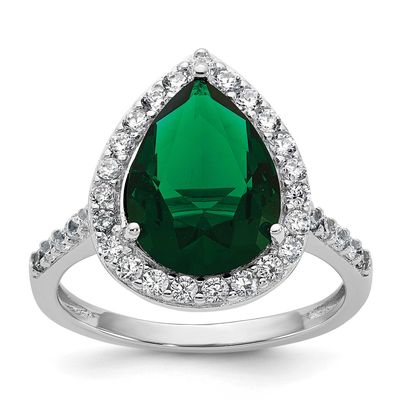 Cheryl M Polished Green Glass and CZ Teardrop Halo Ring Sterling Silver Rhodium-plated, QCM1943-5,