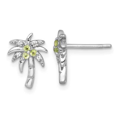 Polished and Grooved Peridot and White Topaz Palm Tree Post Earrings Sterling Silver Rhodium-plated