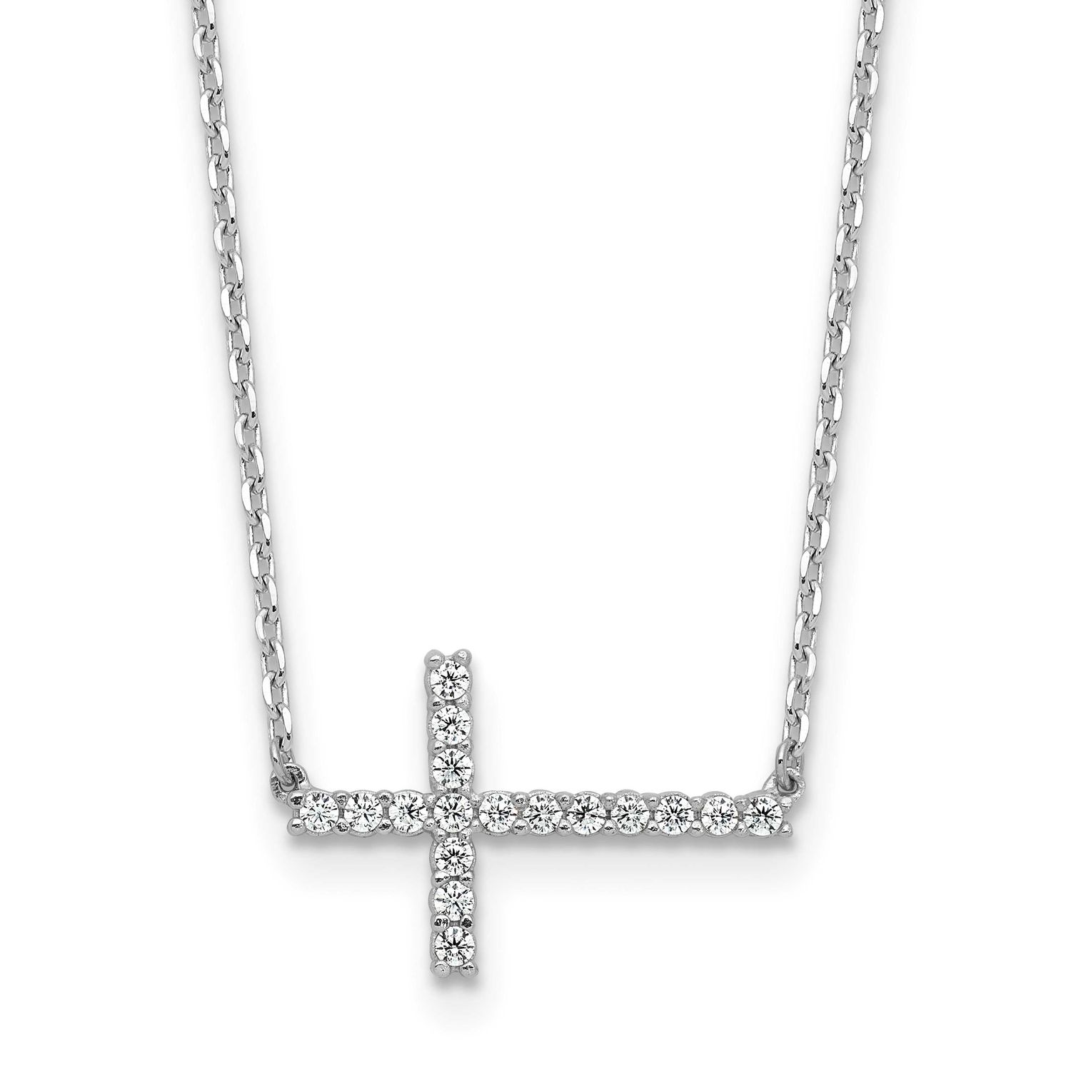 1.3mm CZ 17 Stone Sideway Cross 16 inch with 2 inch Extension Necklace Sterling Silver Rhodium-plat