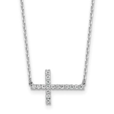 1.3mm CZ 17 Stone Sideway Cross 16 inch with 2 inch Extension Necklace Sterling Silver Rhodium-plat
