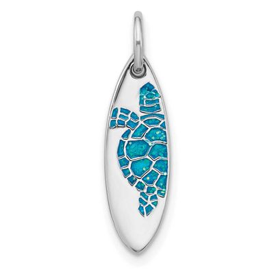 Polished Blue Enamel Turtle Surfboard Pendant Sterling Silver Rhodium-plated, QP5904,