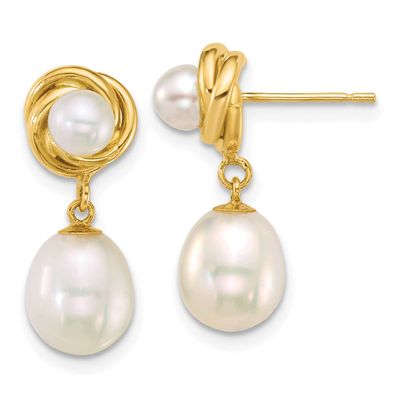 4-8mm White Rice and Button Freshwater Cultured Pearl Post Dangle Earrings 14k Gold Polished, XF905