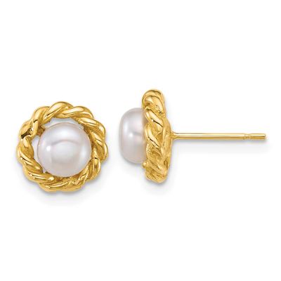 5-6mm White Button Freshwater Cultured Pearl Rope Edge Post Earrings 14k Gold Polished, XF904E,
