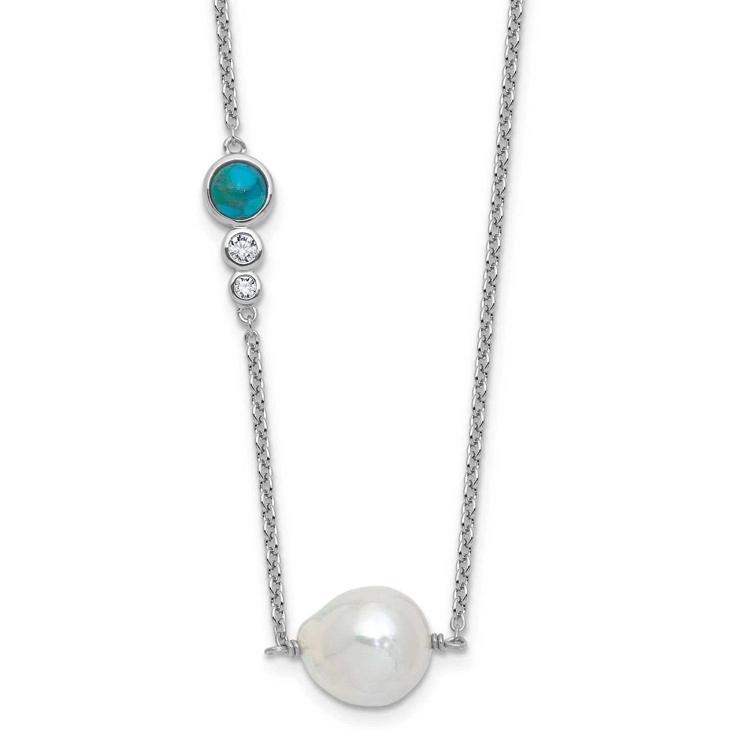 CZ Com. Turquoise FWC Pearl w 2in ext Necklace Sterling Silver Rhodium-plated, QH5860-16,