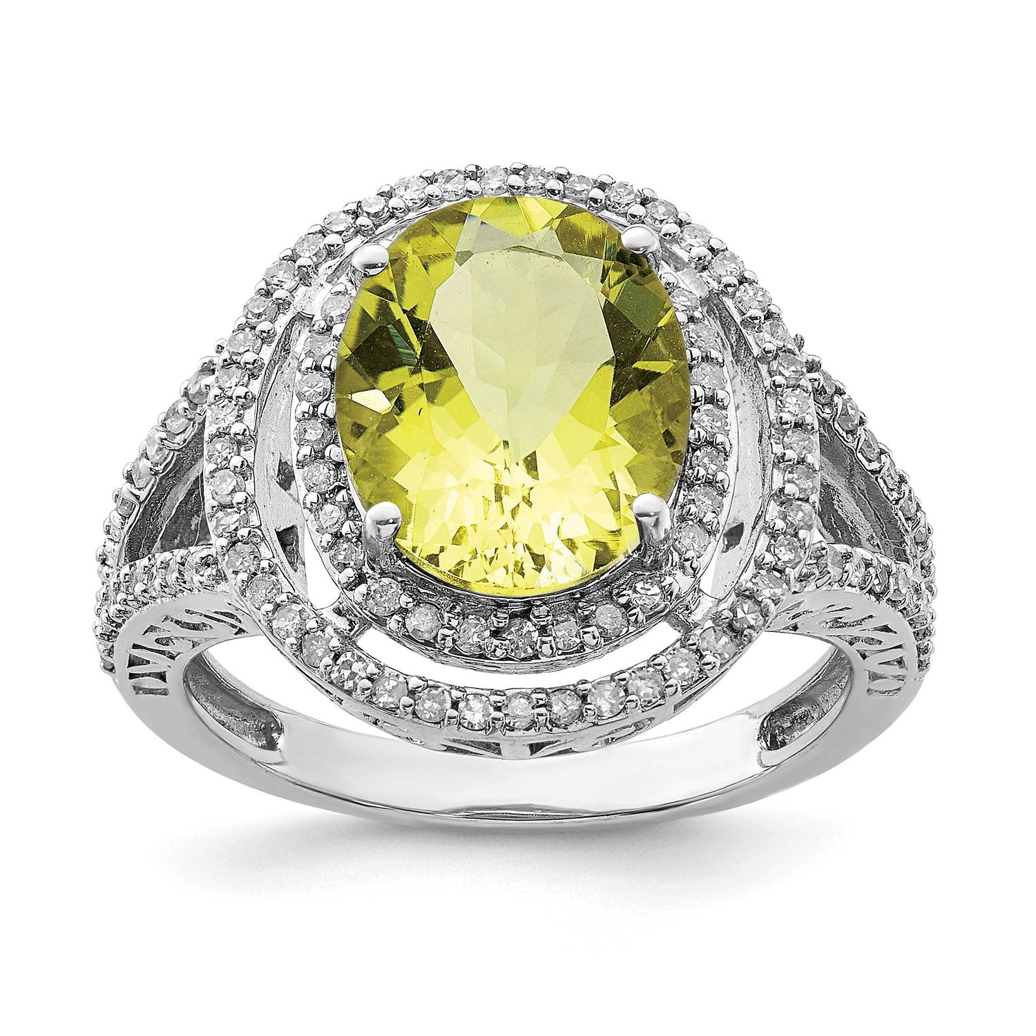 Oval Diam. &amp; Lemon Quartz Ring Sterling Silver Rhodium-plated, QR3053LQ-7, 883957403564