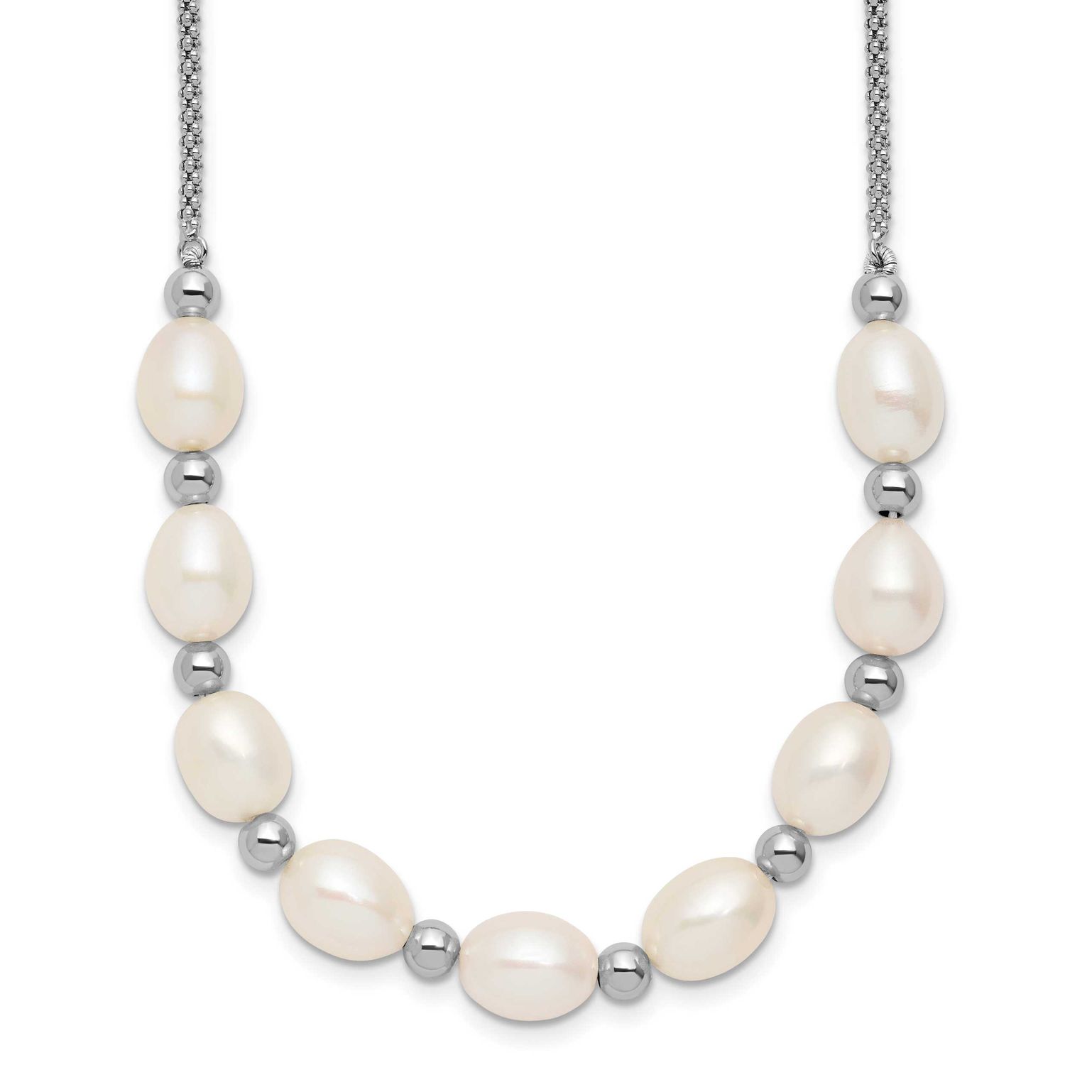 RH-plated Beaded 7.75x8mm FWC Pearl 16in 2in Ext Necklace Sterling Silver, QH5849-16,