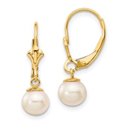 6-7mm White Round Freshwater Cultured Pearl Leverback Earrings 10k Gold, 10XLB154PL,