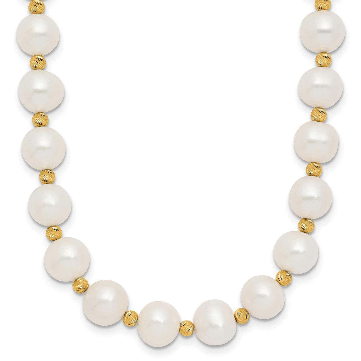 8-9mm White Near-Round Freshwater Cultured Pearl and Diamond-cut Beaded 18 inch Necklace 14k Gold,
