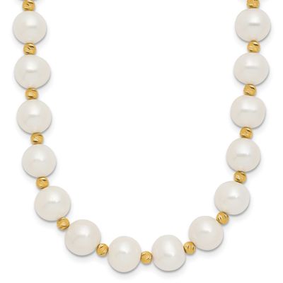 8-9mm White Near-Round Freshwater Cultured Pearl and Diamond-cut Beaded 18 inch Necklace 14k Gold,